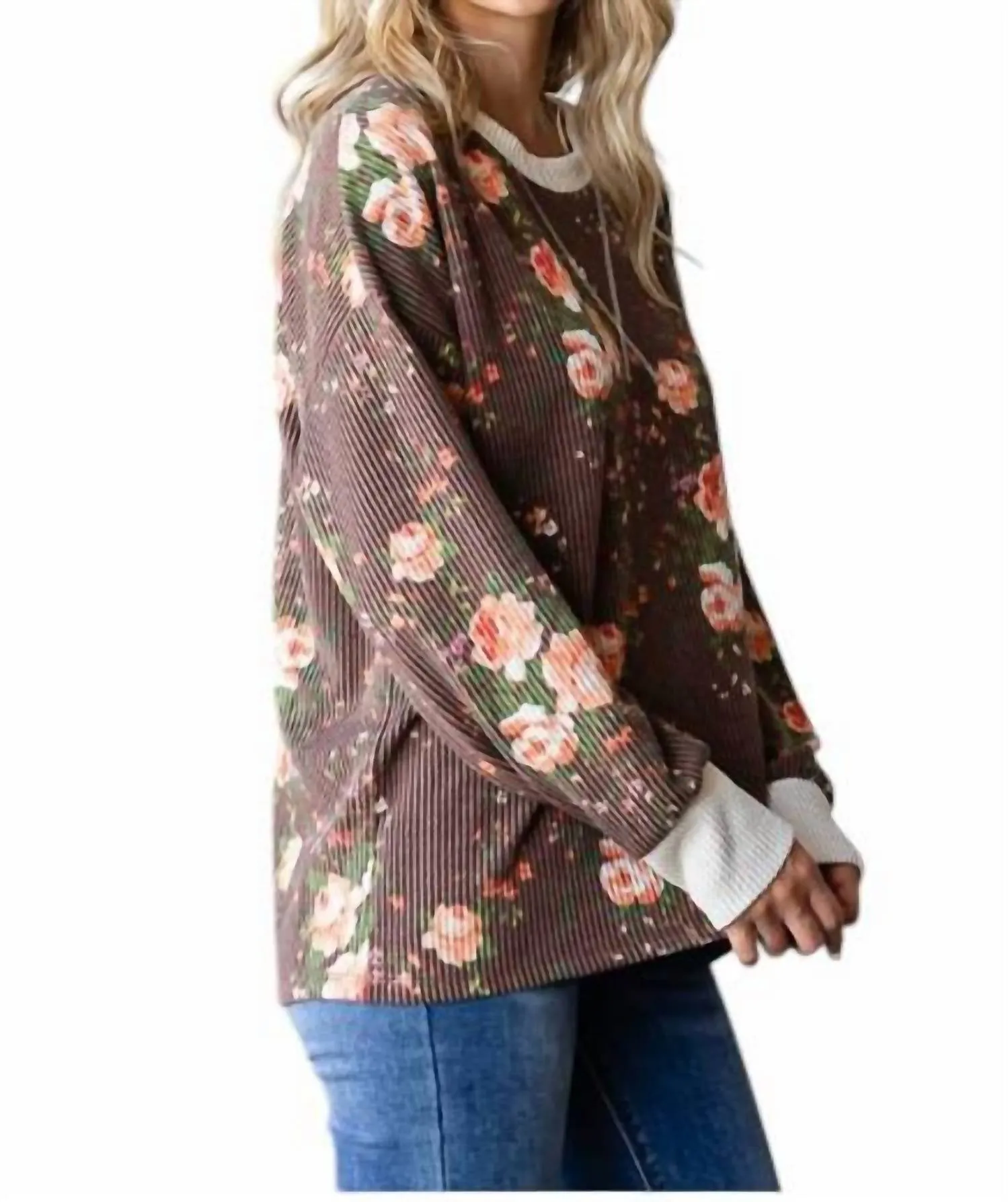 7Th Ray - Cindy Ribbed Floral Pullover