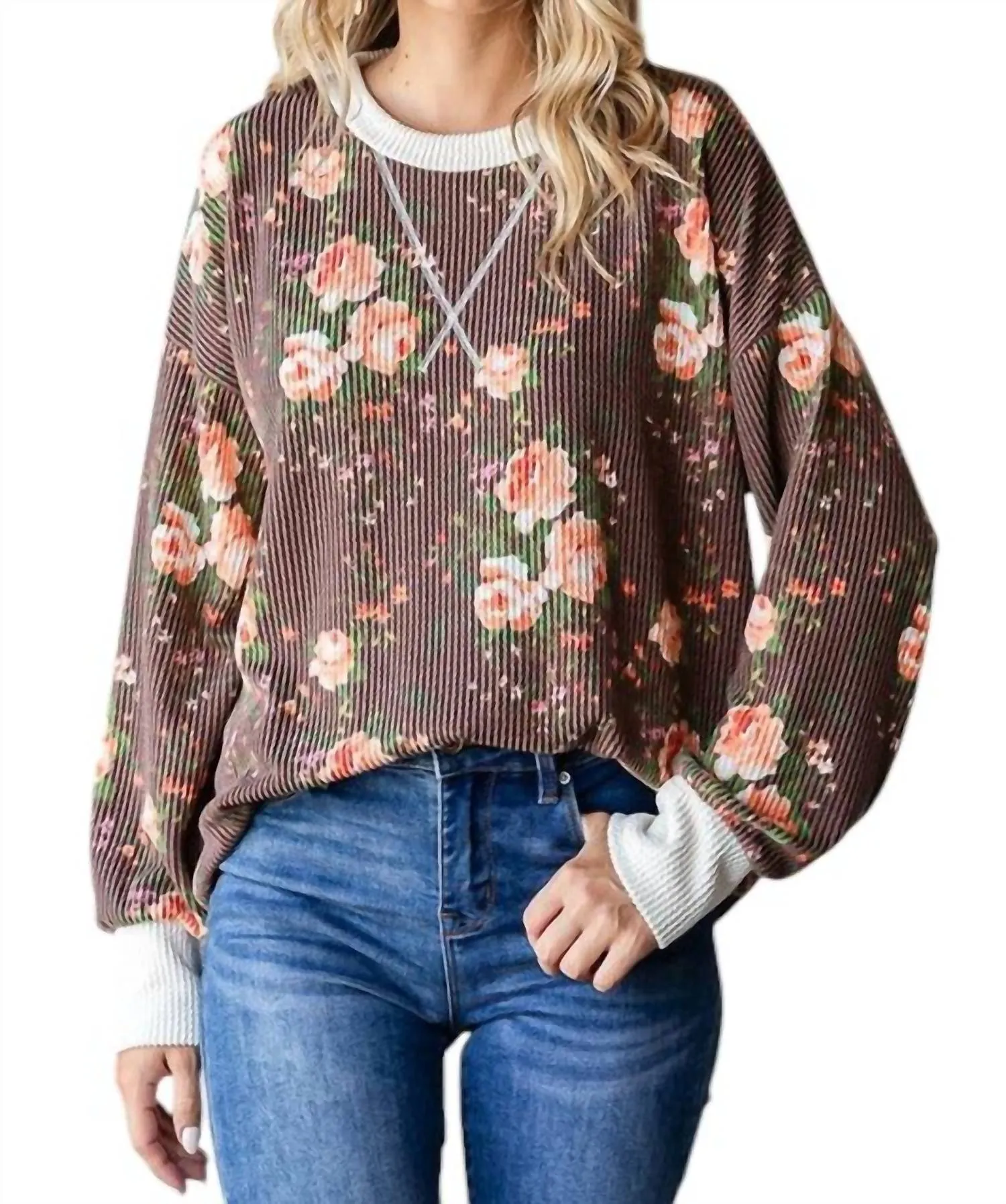 7Th Ray - Cindy Ribbed Floral Pullover
