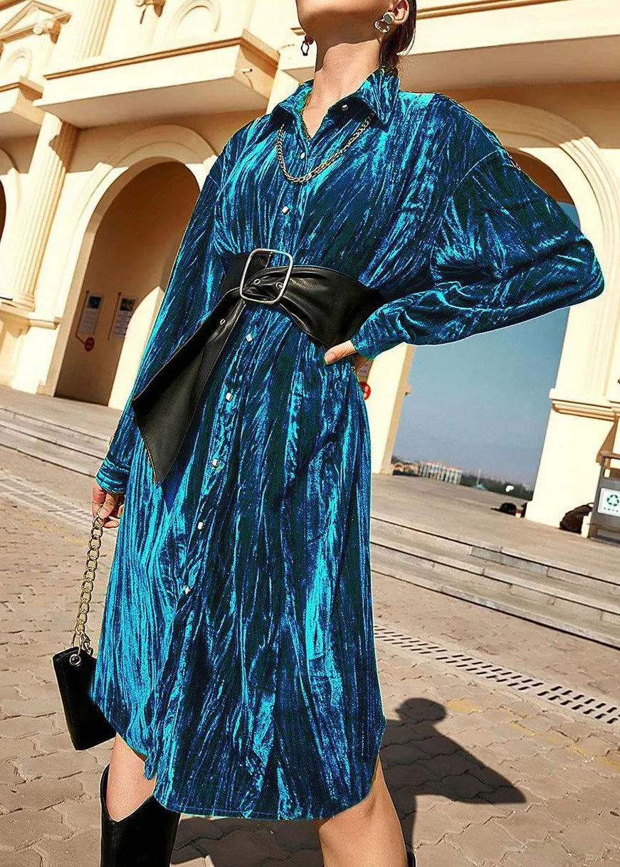Beautiful Blue Peter Pan Collar Print Button Velour Long Shirts Dresses Spring LY3879