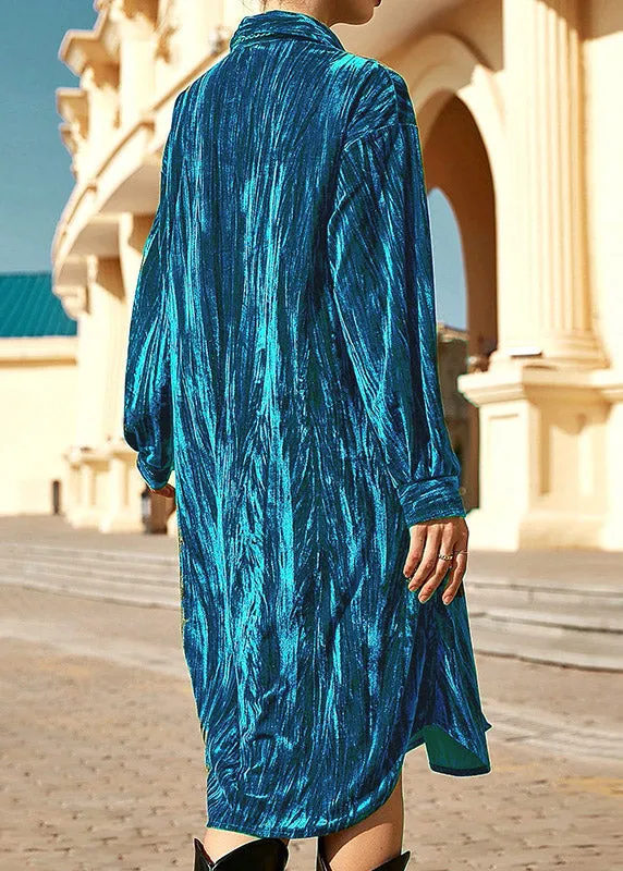 Beautiful Blue Peter Pan Collar Print Button Velour Long Shirts Dresses Spring LY3879