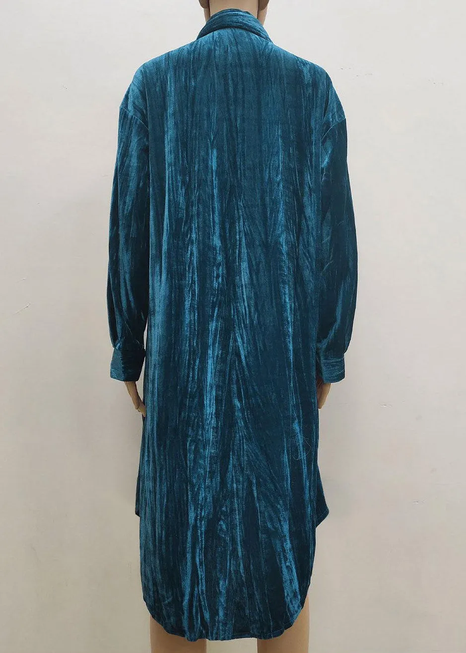 Beautiful Blue Peter Pan Collar Print Button Velour Long Shirts Dresses Spring LY3879
