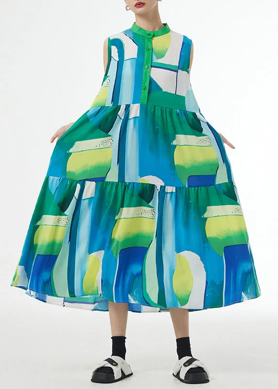 Beautiful Green Stand Collar Print Patchwork Cotton Party Long Dresses Sleeveless LY9498