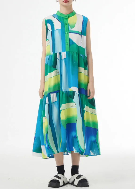 Beautiful Green Stand Collar Print Patchwork Cotton Party Long Dresses Sleeveless LY9498