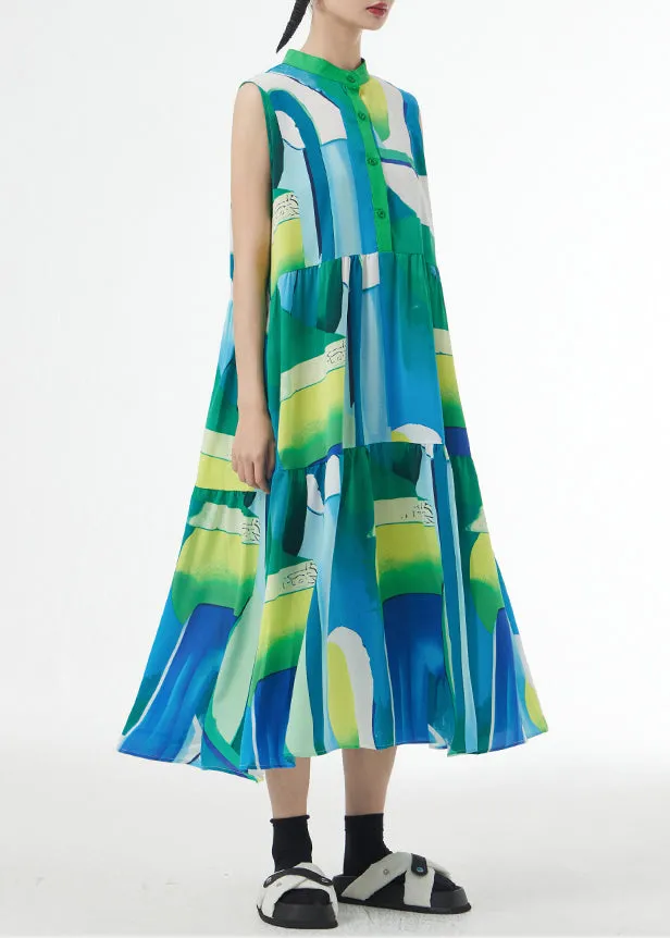 Beautiful Green Stand Collar Print Patchwork Cotton Party Long Dresses Sleeveless LY9498