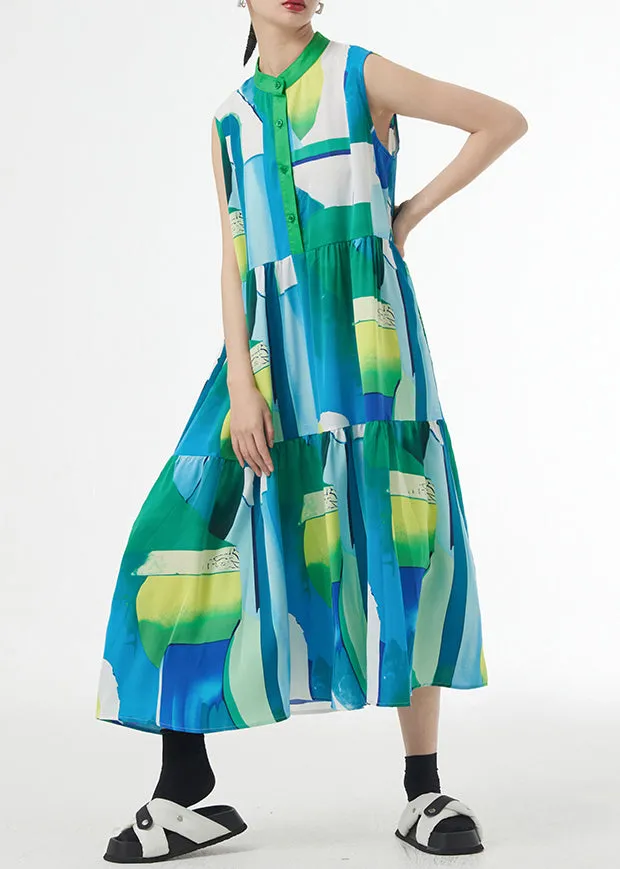 Beautiful Green Stand Collar Print Patchwork Cotton Party Long Dresses Sleeveless LY9498