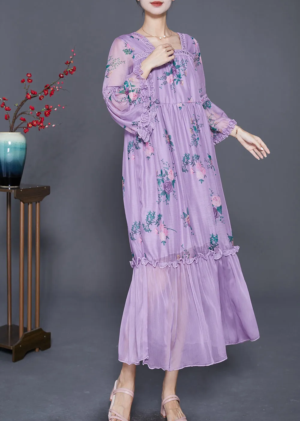 Beautiful Purple Square Collar Patchwork Ruffled Silk Dresses Summer LY7641