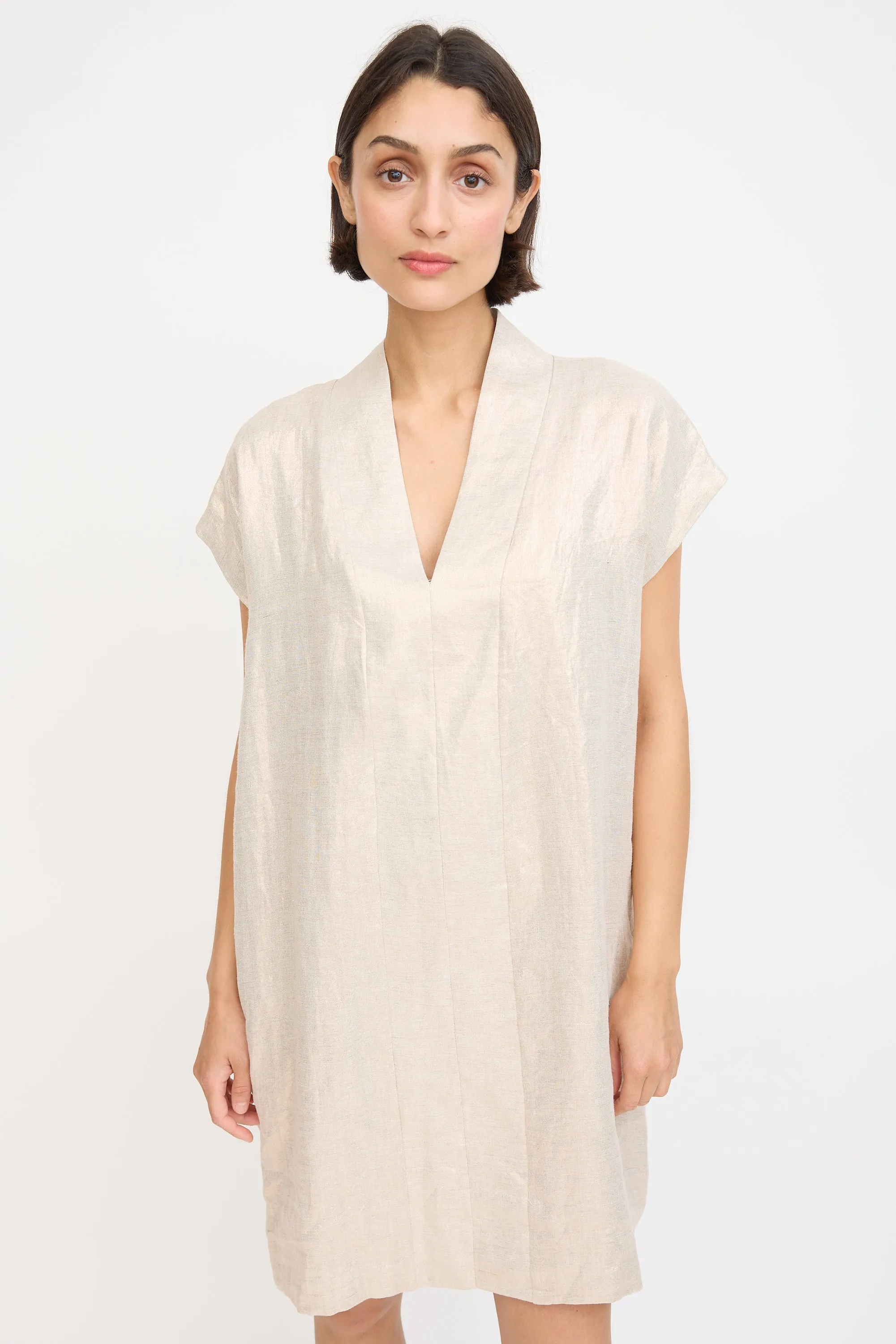 Beige Linen Sparkly Smoking Mini Dress
