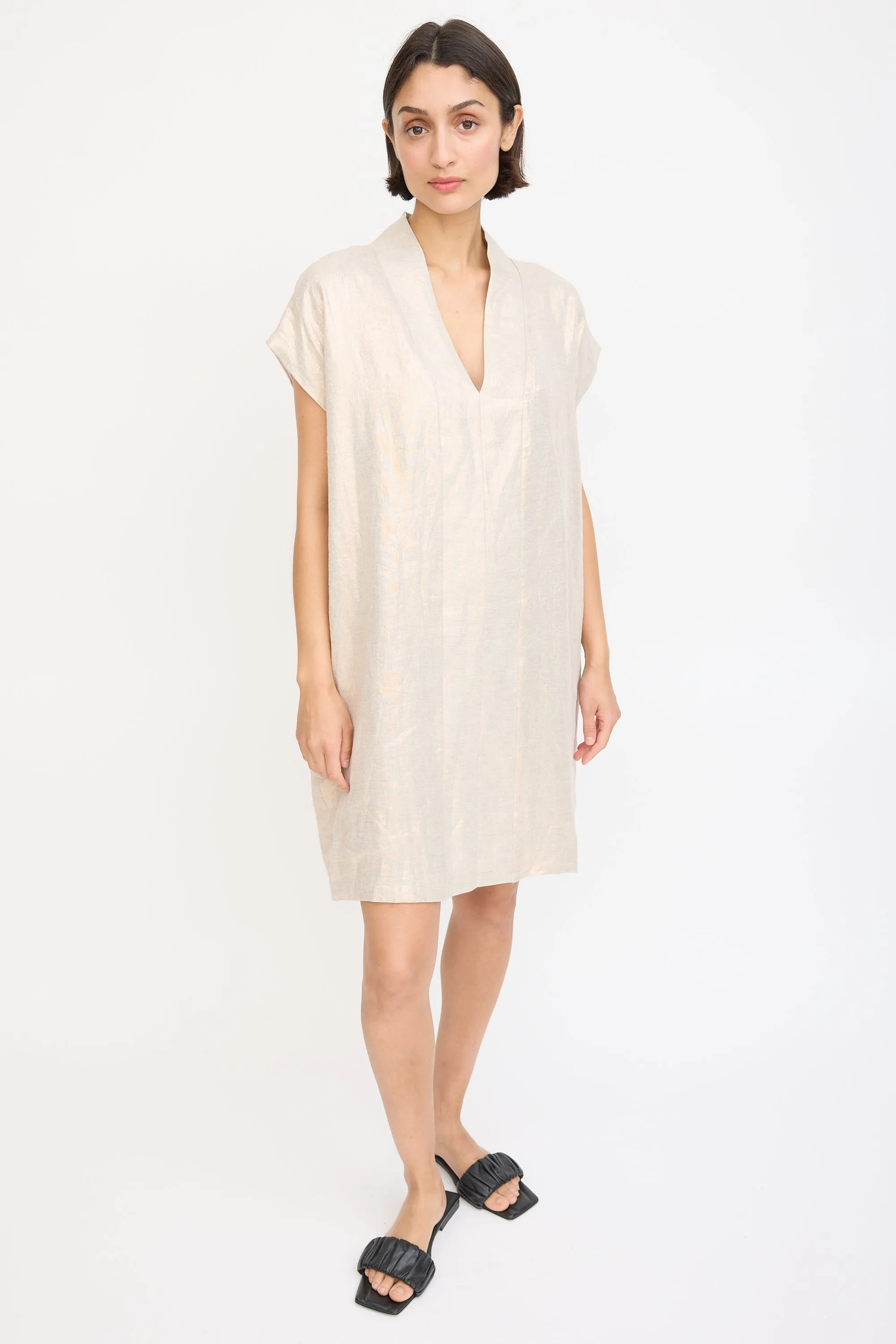 Beige Linen Sparkly Smoking Mini Dress