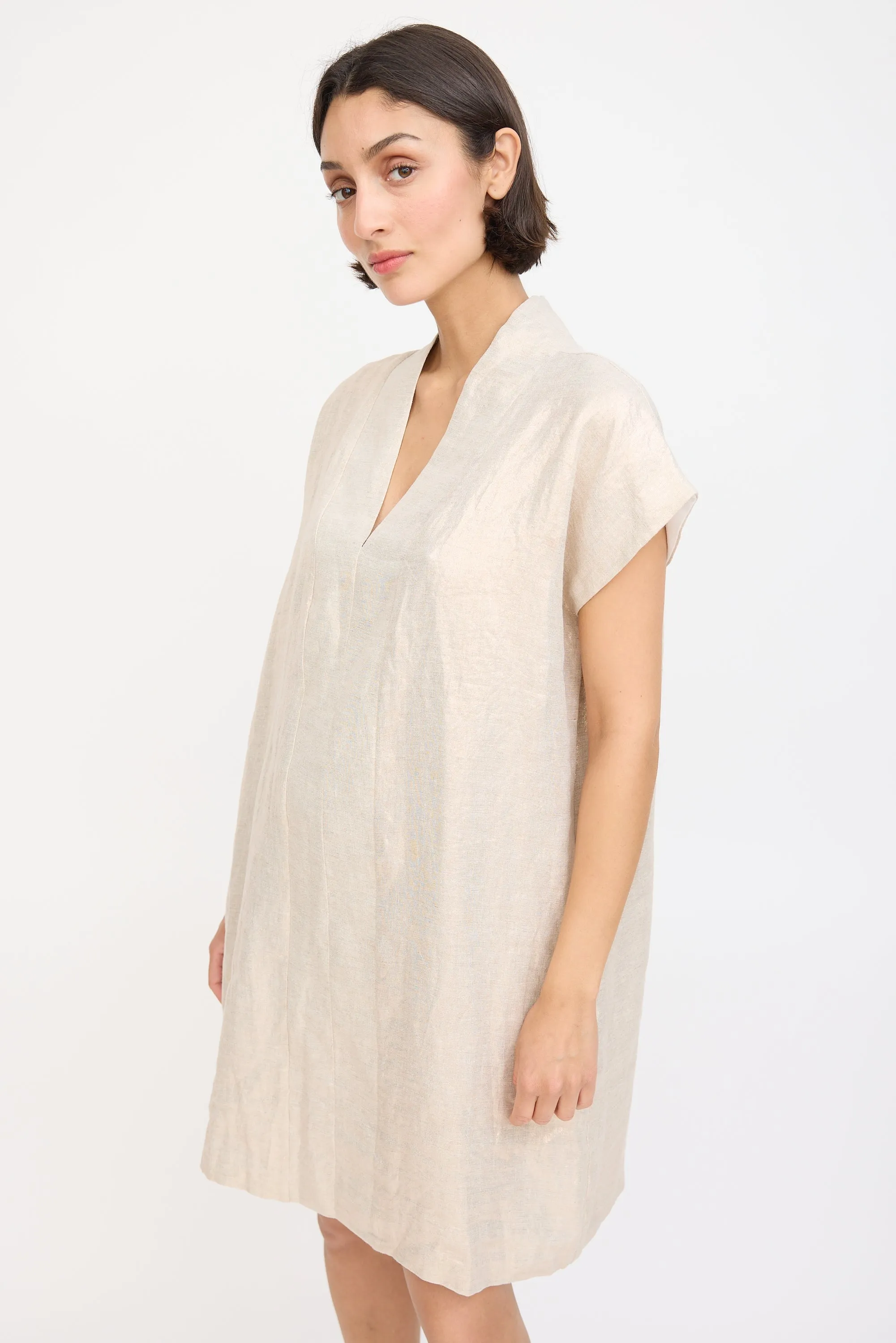 Beige Linen Sparkly Smoking Mini Dress