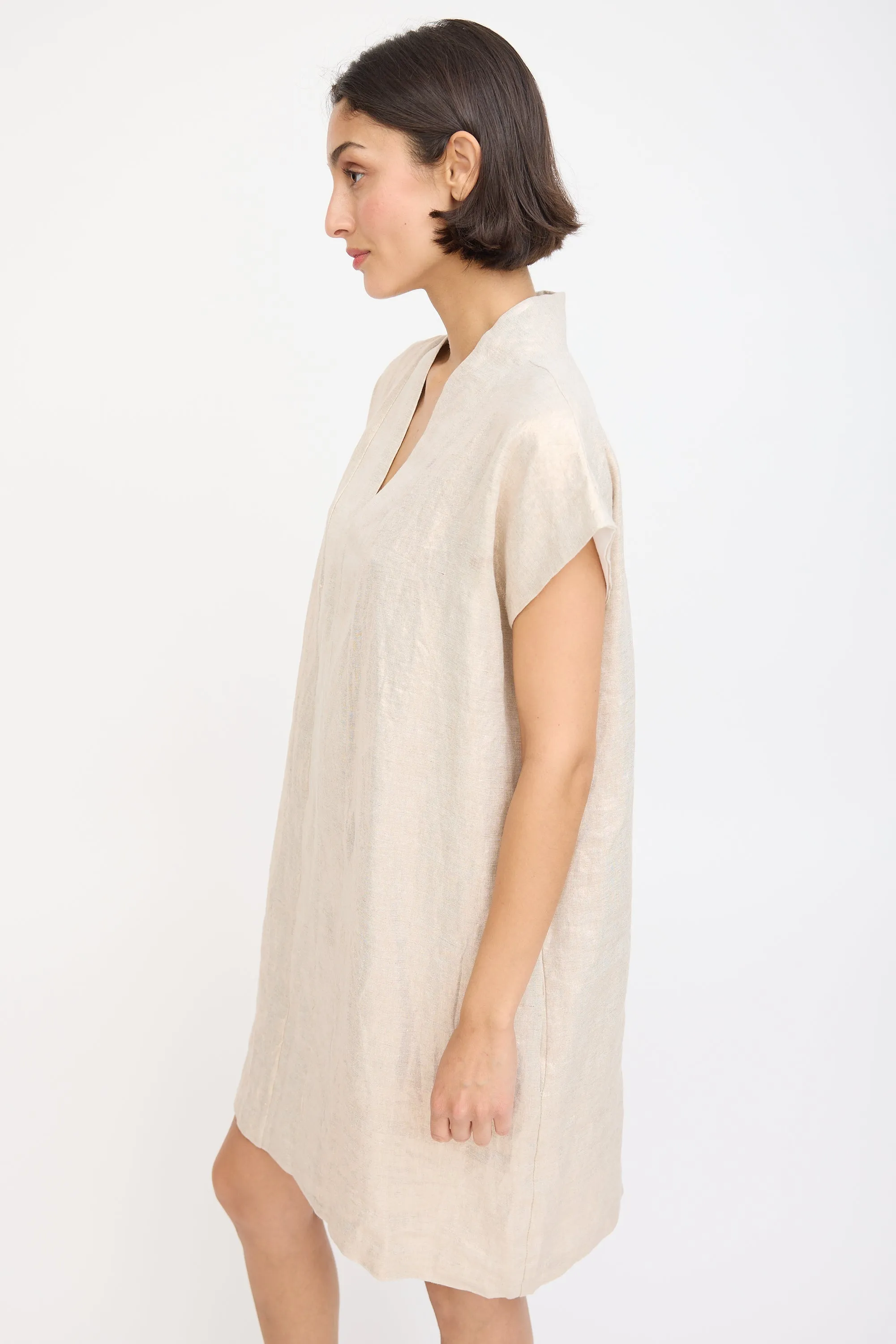 Beige Linen Sparkly Smoking Mini Dress
