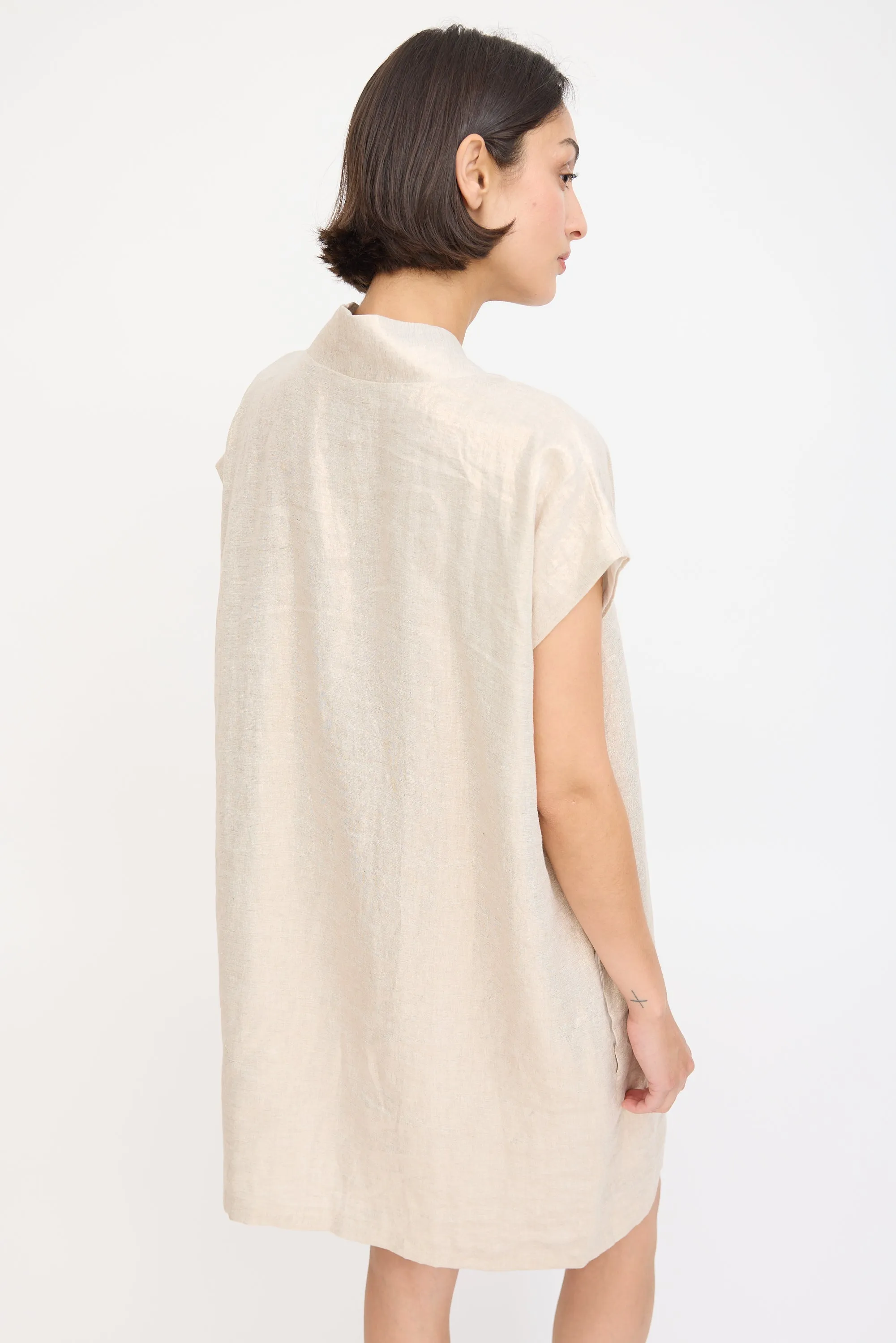 Beige Linen Sparkly Smoking Mini Dress