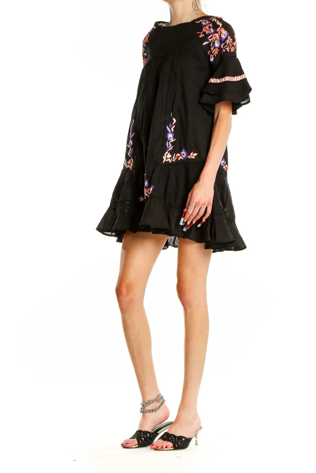 Black Embroidered Boho Mini Dress