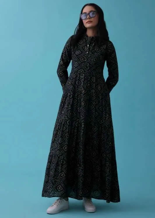 Black Kurti In Cotton With Bandhani Print