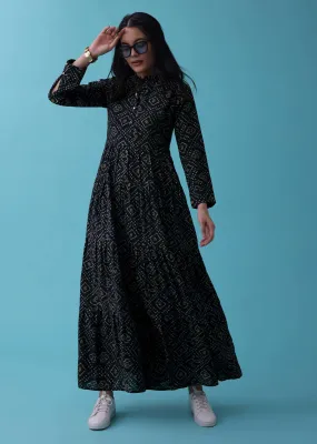 Black Kurti In Cotton With Bandhani Print