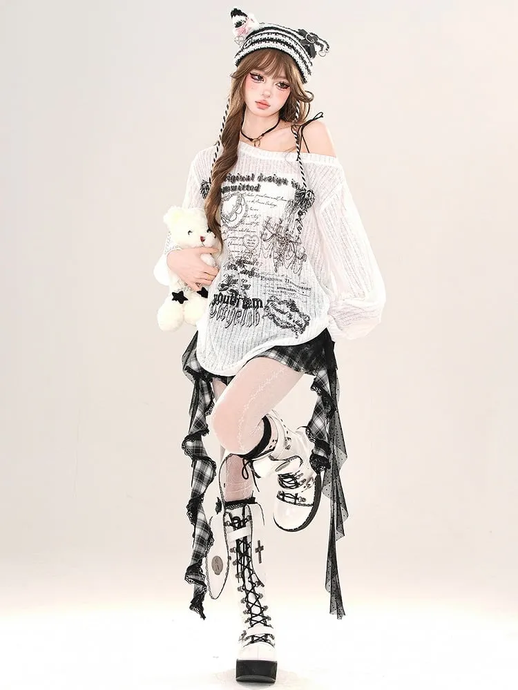 Black/White Asymmetrical Neckline Loose Fit Printed Top