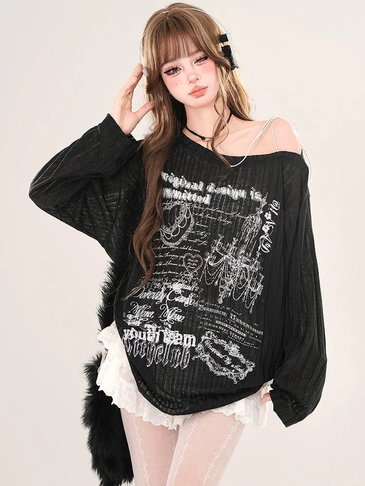Black/White Asymmetrical Neckline Loose Fit Printed Top