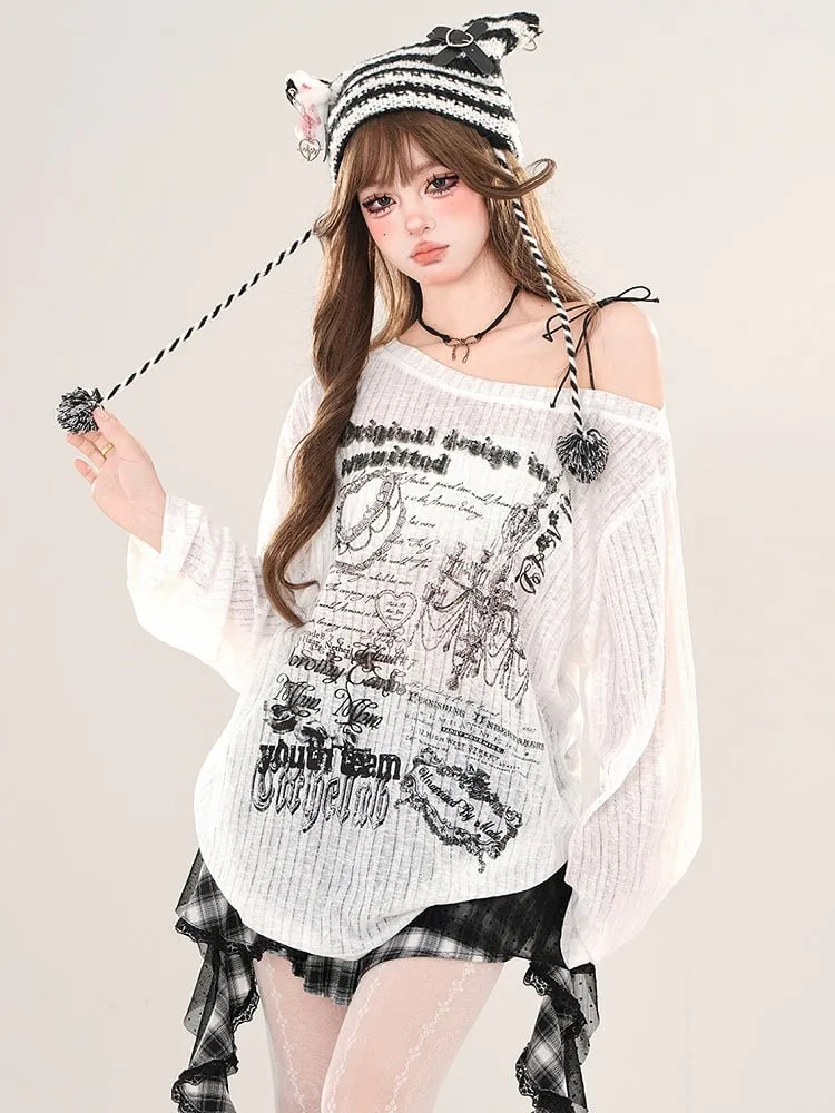 Black/White Asymmetrical Neckline Loose Fit Printed Top