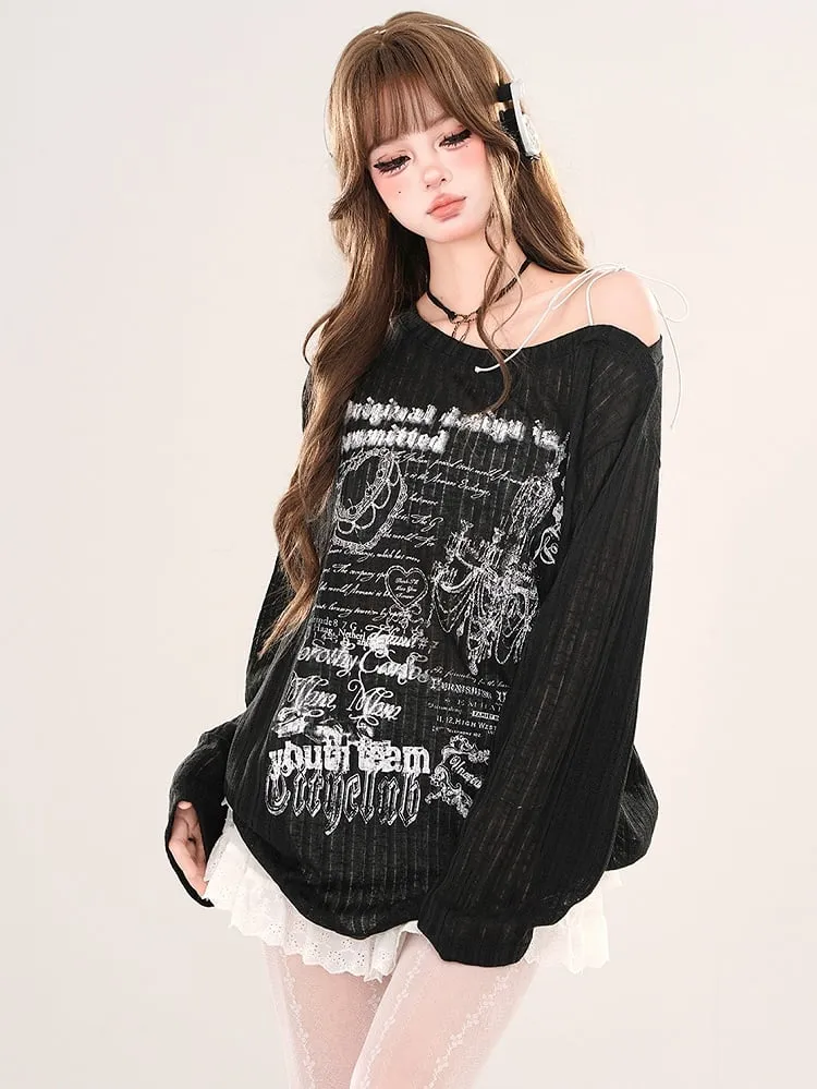 Black/White Asymmetrical Neckline Loose Fit Printed Top
