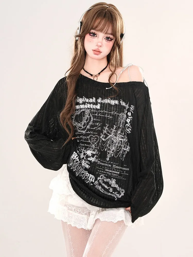 Black/White Asymmetrical Neckline Loose Fit Printed Top