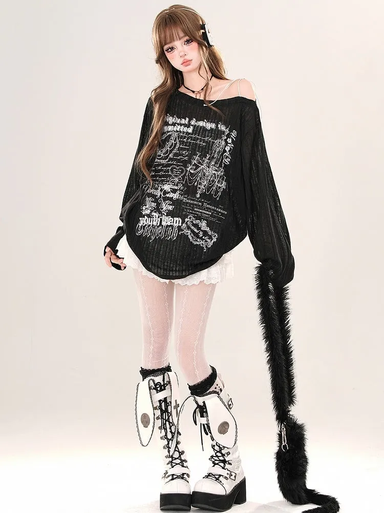 Black/White Asymmetrical Neckline Loose Fit Printed Top