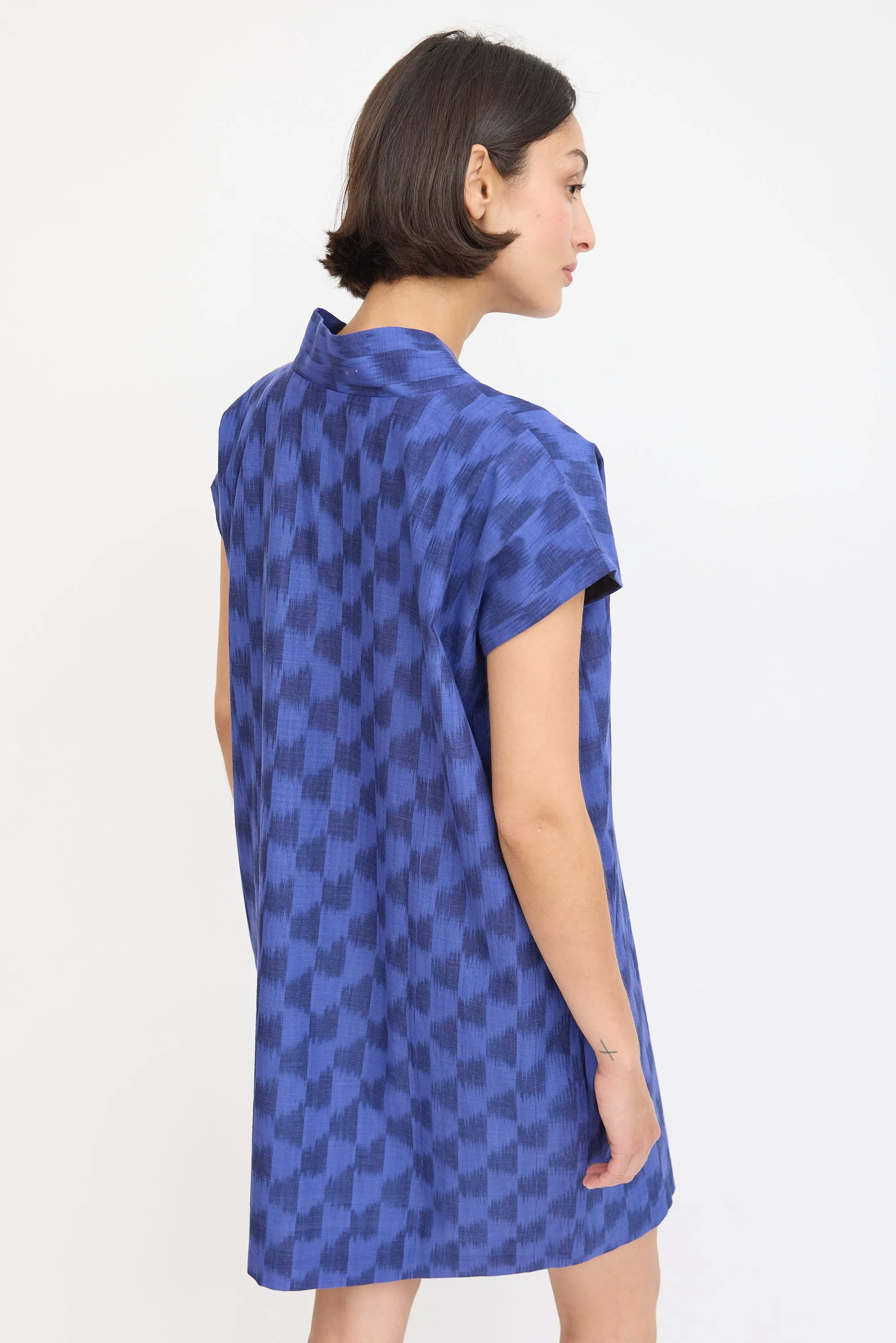 Blue Cotton Smoking Printed Mini Dress