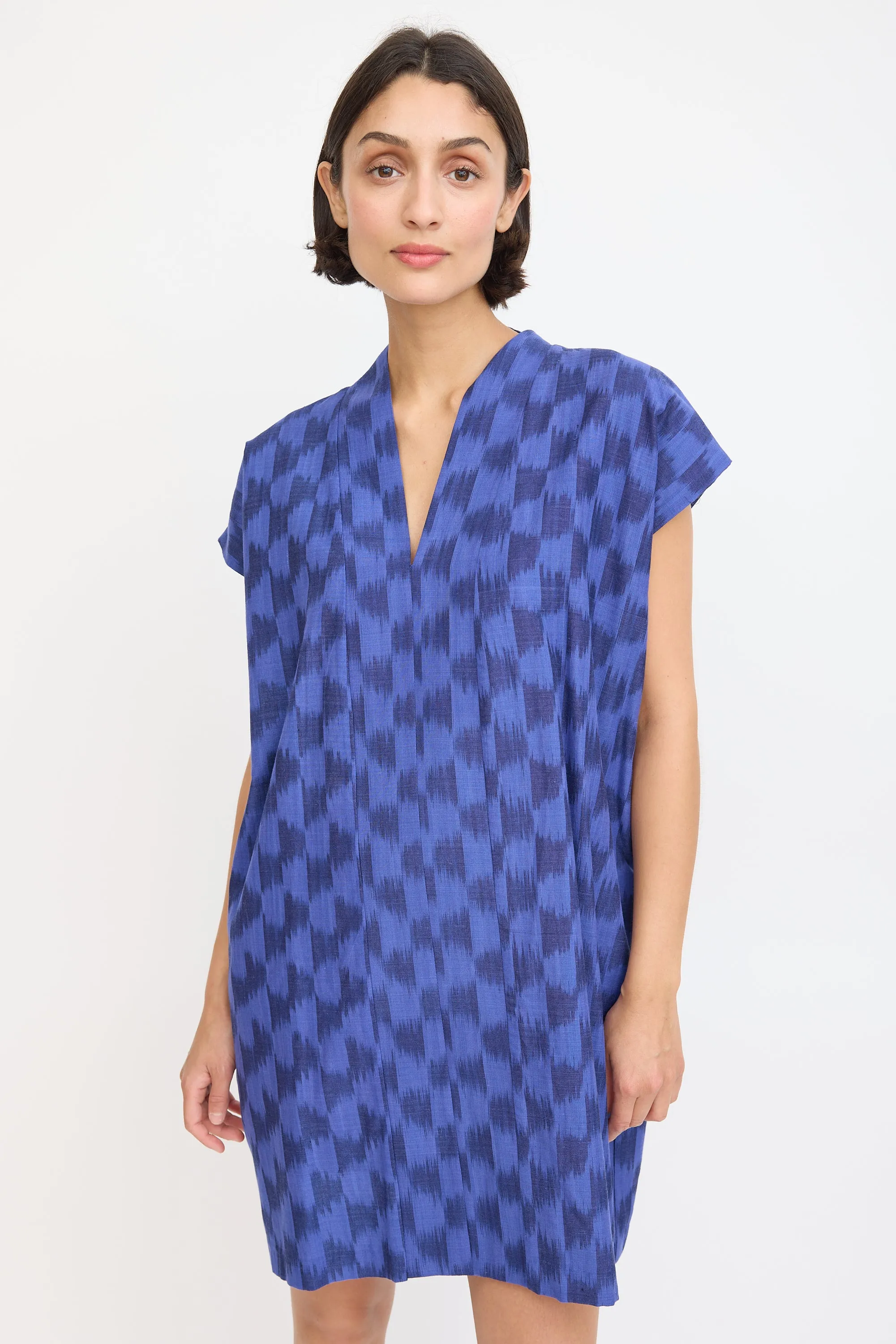 Blue Cotton Smoking Printed Mini Dress