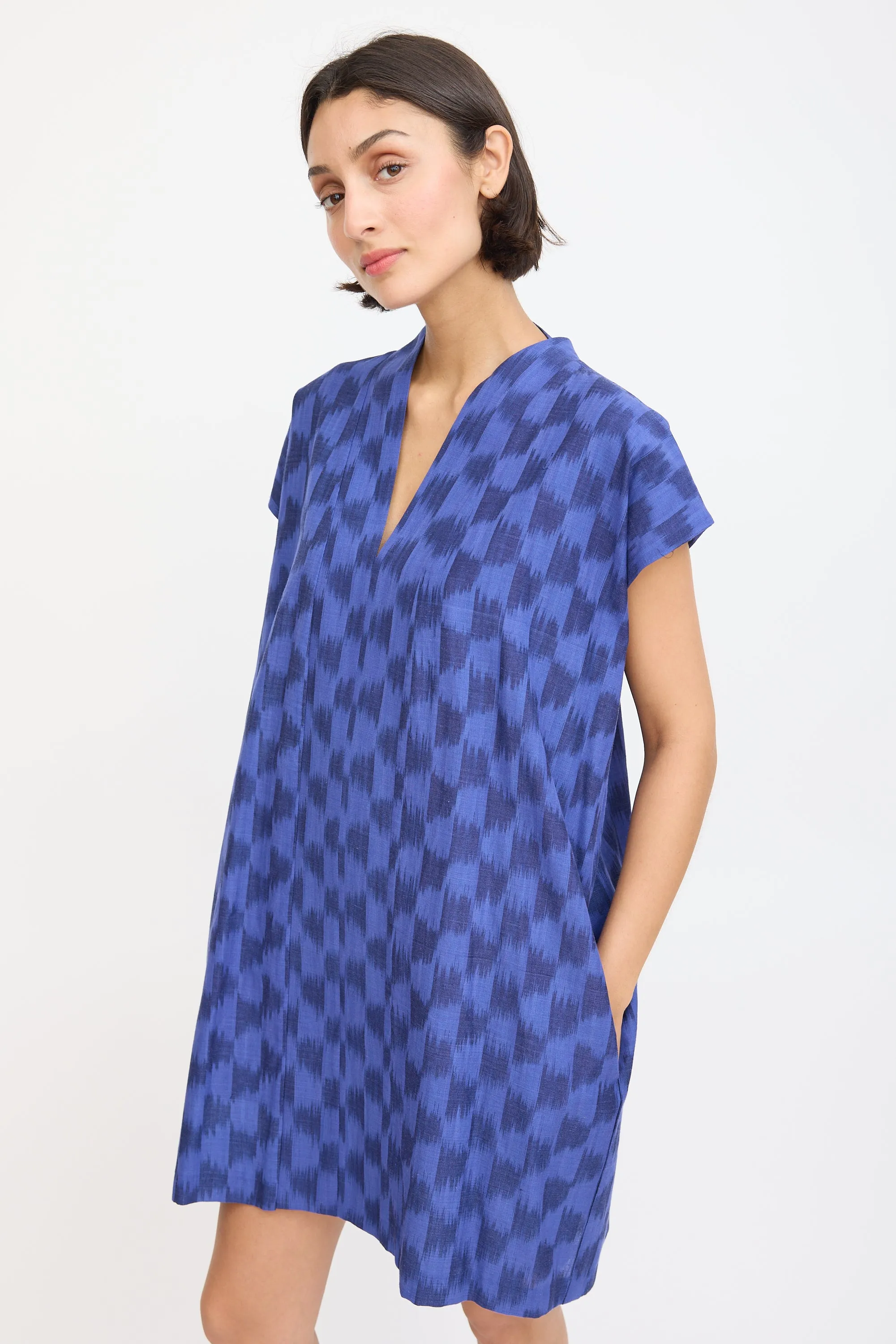 Blue Cotton Smoking Printed Mini Dress