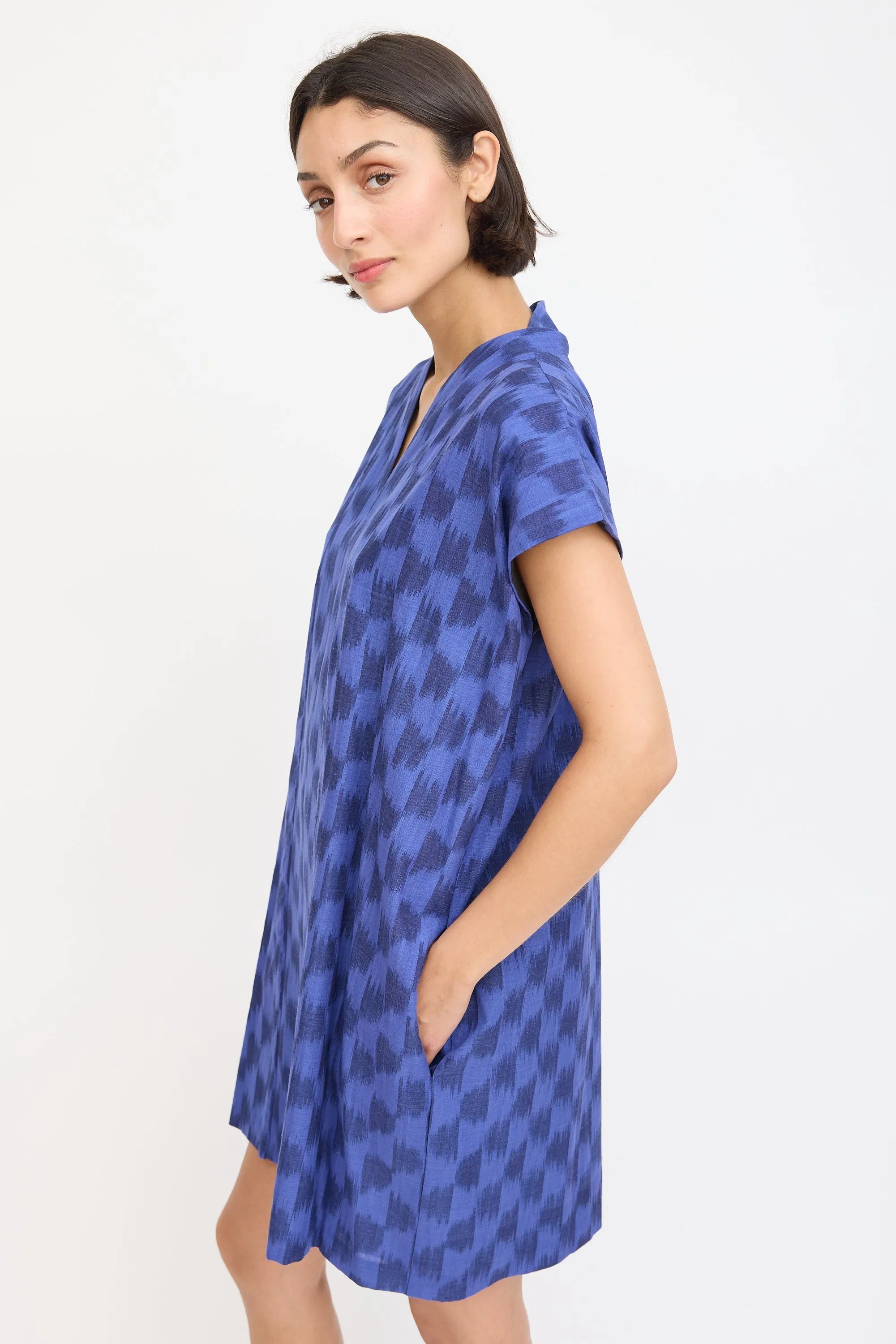 Blue Cotton Smoking Printed Mini Dress