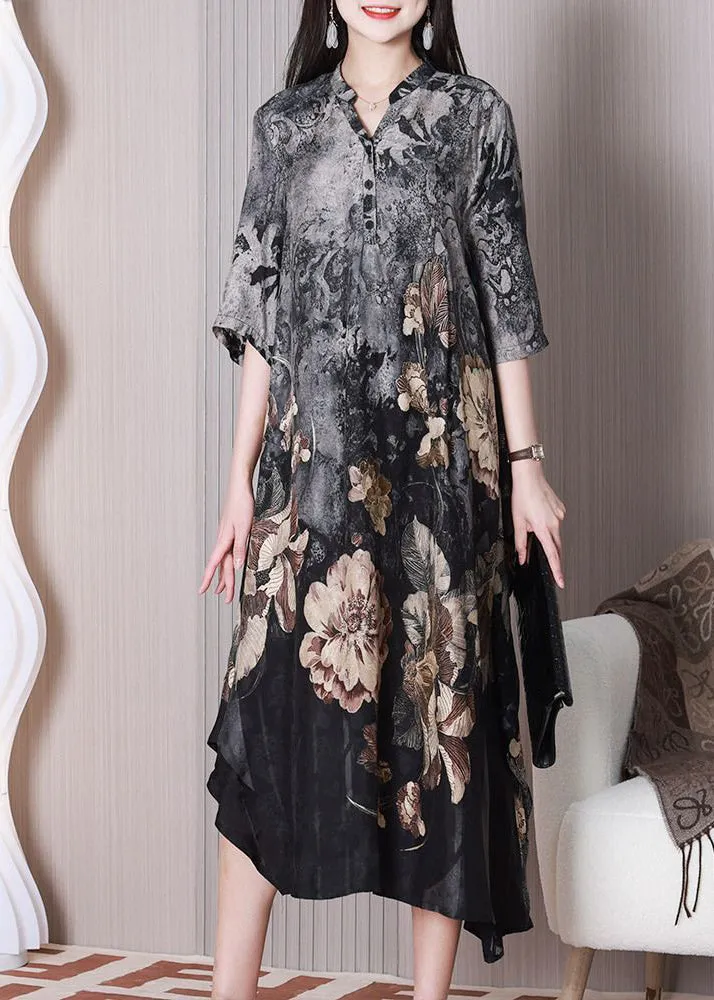 Boho Grey Asymmetrical Design Print Silk Dresses Half Sleeve LY3771
