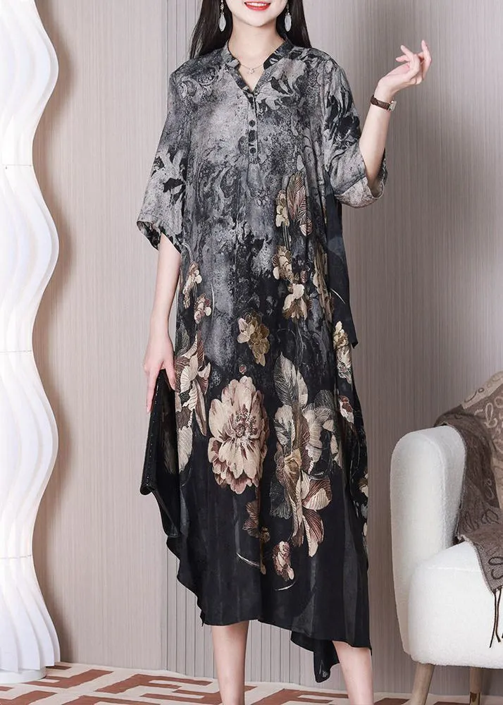 Boho Grey Asymmetrical Design Print Silk Dresses Half Sleeve LY3771