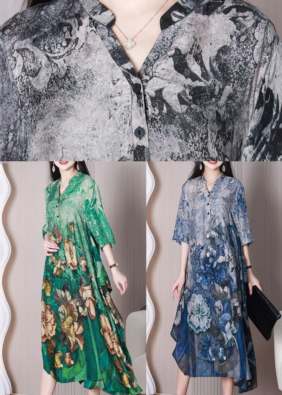 Boho Grey Asymmetrical Design Print Silk Dresses Half Sleeve LY3771