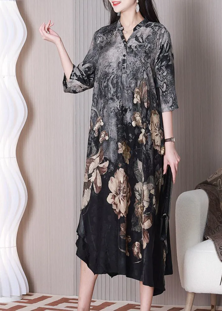 Boho Grey Asymmetrical Design Print Silk Dresses Half Sleeve LY3771