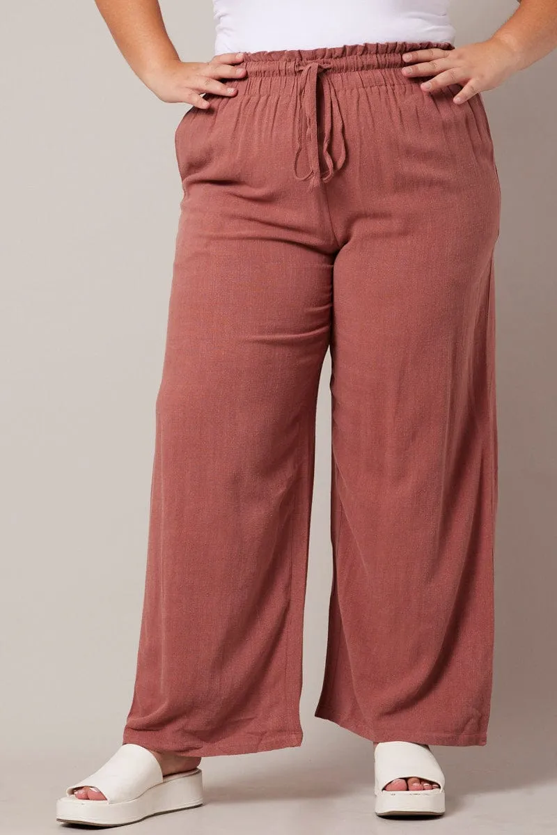 Brown Wideleg Pants Paperbag Elastic Waist Linen Blend