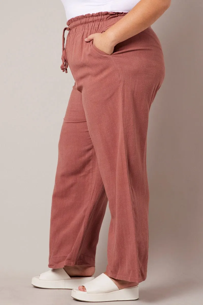 Brown Wideleg Pants Paperbag Elastic Waist Linen Blend