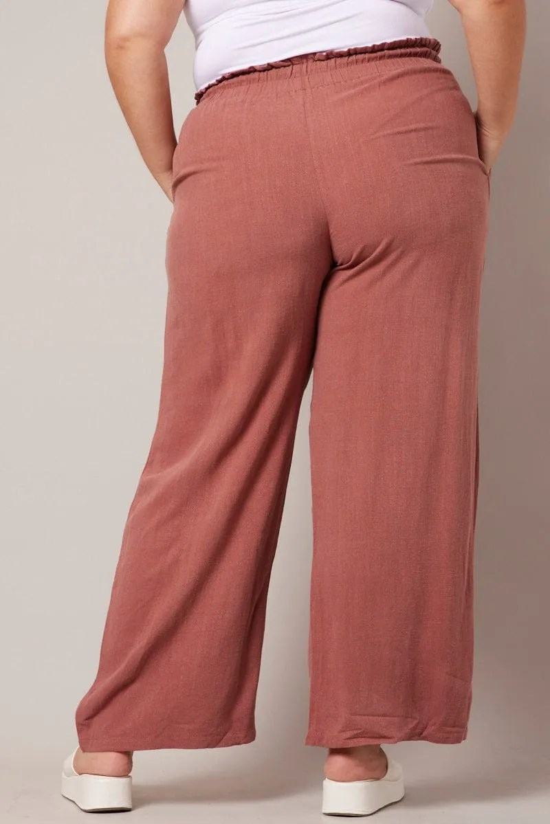 Brown Wideleg Pants Paperbag Elastic Waist Linen Blend