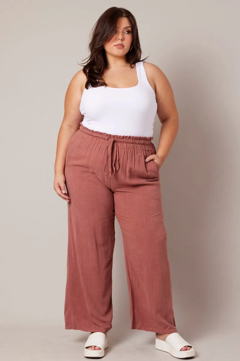 Brown Wideleg Pants Paperbag Elastic Waist Linen Blend
