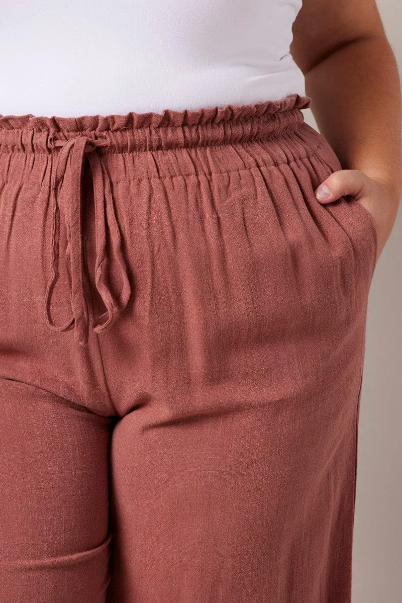 Brown Wideleg Pants Paperbag Elastic Waist Linen Blend