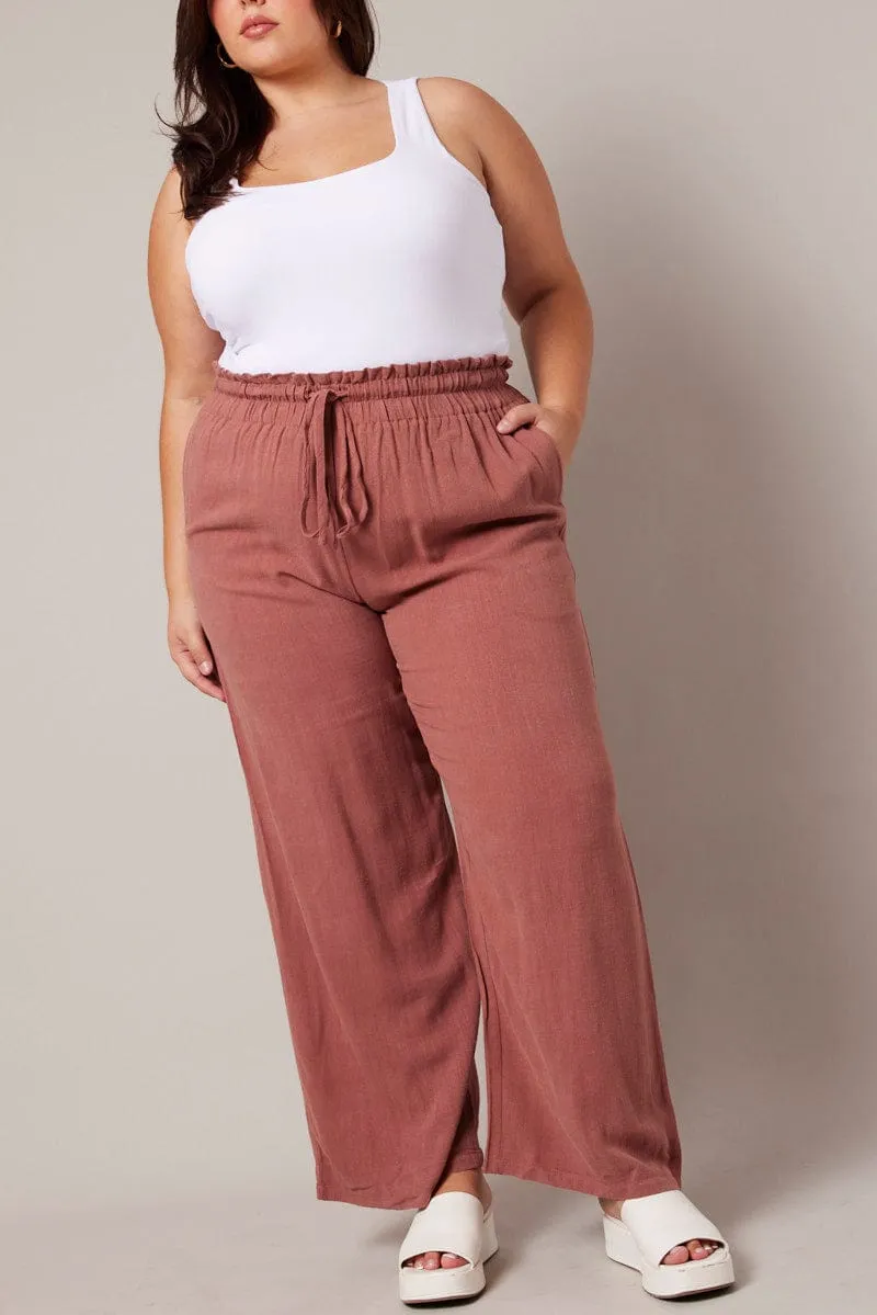 Brown Wideleg Pants Paperbag Elastic Waist Linen Blend