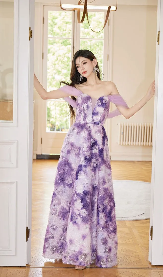 DOLLY Elegant Purple Off Shoulder Short Sleeve Print Long Loose Dress-ABUELA