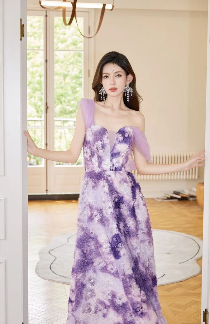 DOLLY Elegant Purple Off Shoulder Short Sleeve Print Long Loose Dress-ABUELA