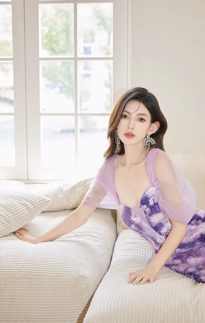 DOLLY Elegant Purple Off Shoulder Short Sleeve Print Long Loose Dress-ABUELA