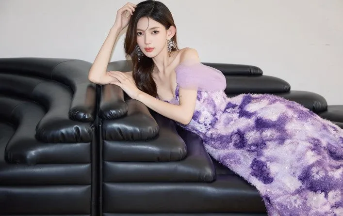 DOLLY Elegant Purple Off Shoulder Short Sleeve Print Long Loose Dress-ABUELA