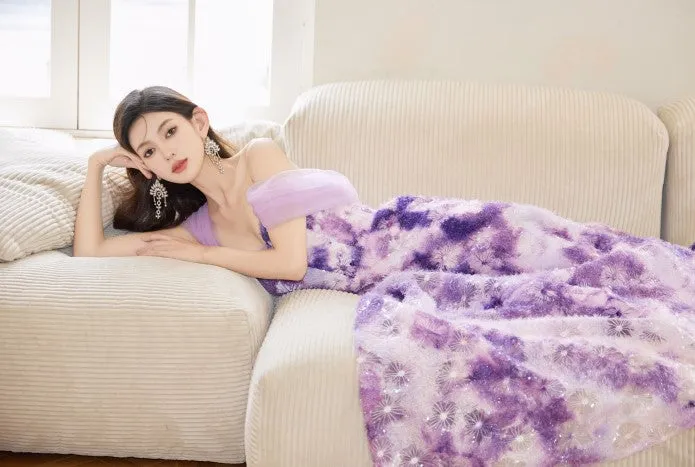 DOLLY Elegant Purple Off Shoulder Short Sleeve Print Long Loose Dress-ABUELA