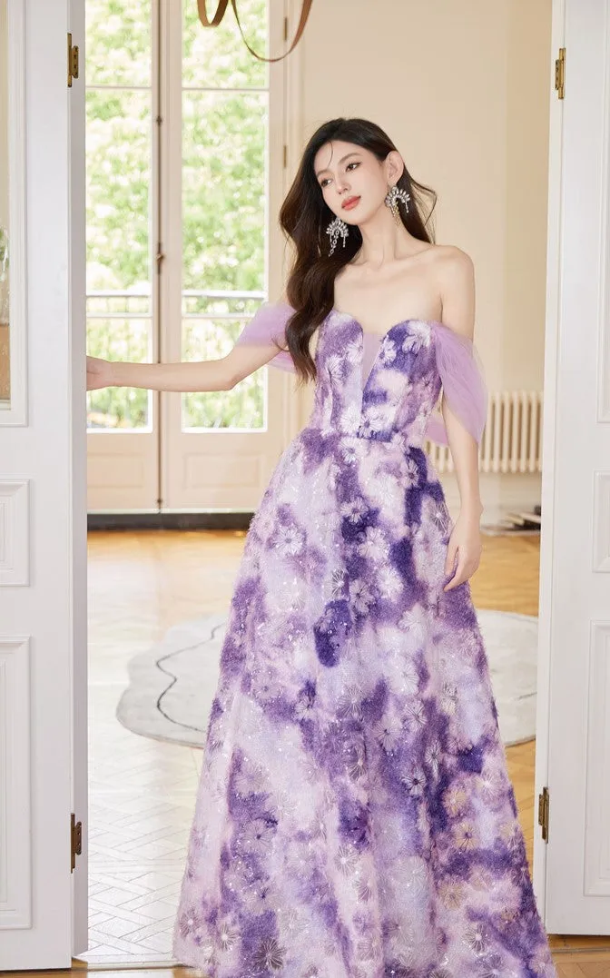 DOLLY Elegant Purple Off Shoulder Short Sleeve Print Long Loose Dress-ABUELA