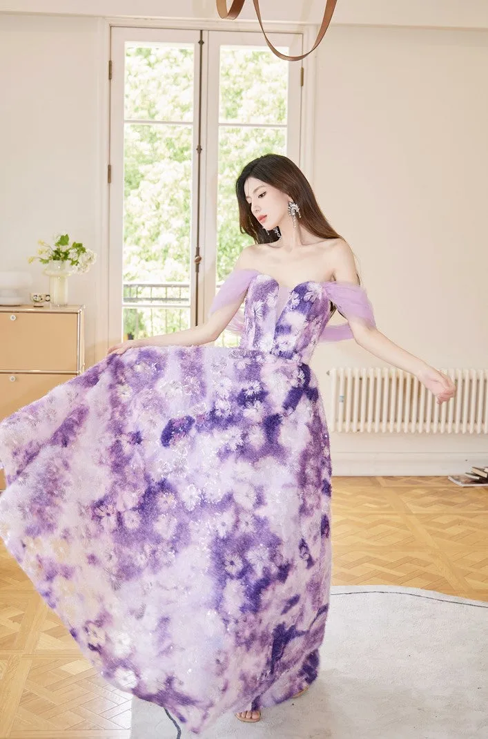 DOLLY Elegant Purple Off Shoulder Short Sleeve Print Long Loose Dress-ABUELA