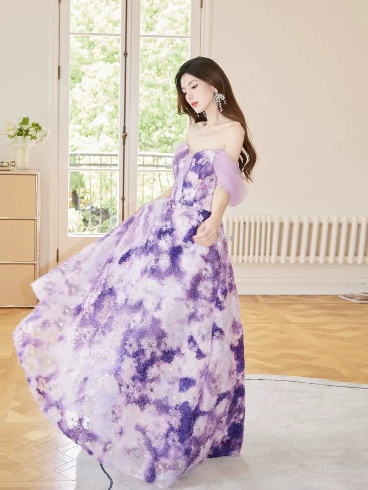 DOLLY Elegant Purple Off Shoulder Short Sleeve Print Long Loose Dress-ABUELA