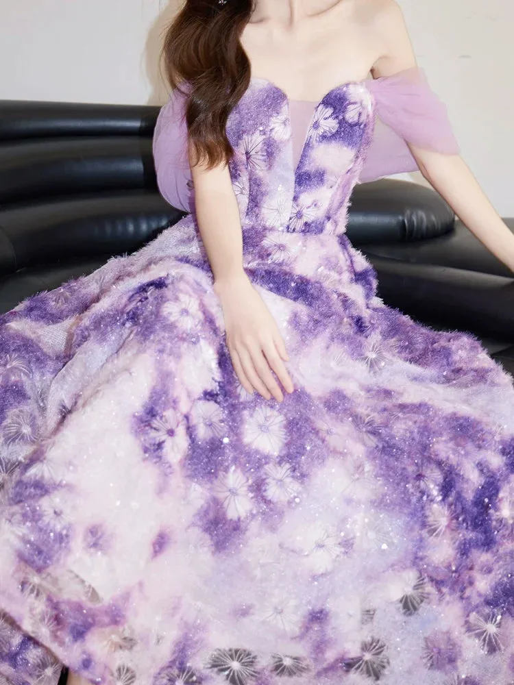 DOLLY Elegant Purple Off Shoulder Short Sleeve Print Long Loose Dress-ABUELA