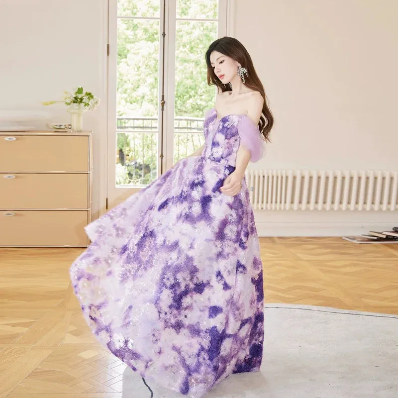 DOLLY Elegant Purple Off Shoulder Short Sleeve Print Long Loose Dress-ABUELA