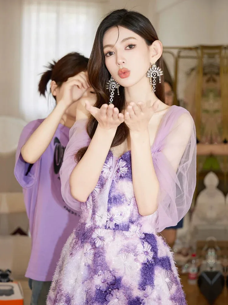DOLLY Elegant Purple Off Shoulder Short Sleeve Print Long Loose Dress-ABUELA