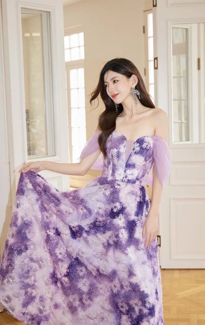 DOLLY Elegant Purple Off Shoulder Short Sleeve Print Long Loose Dress-ABUELA
